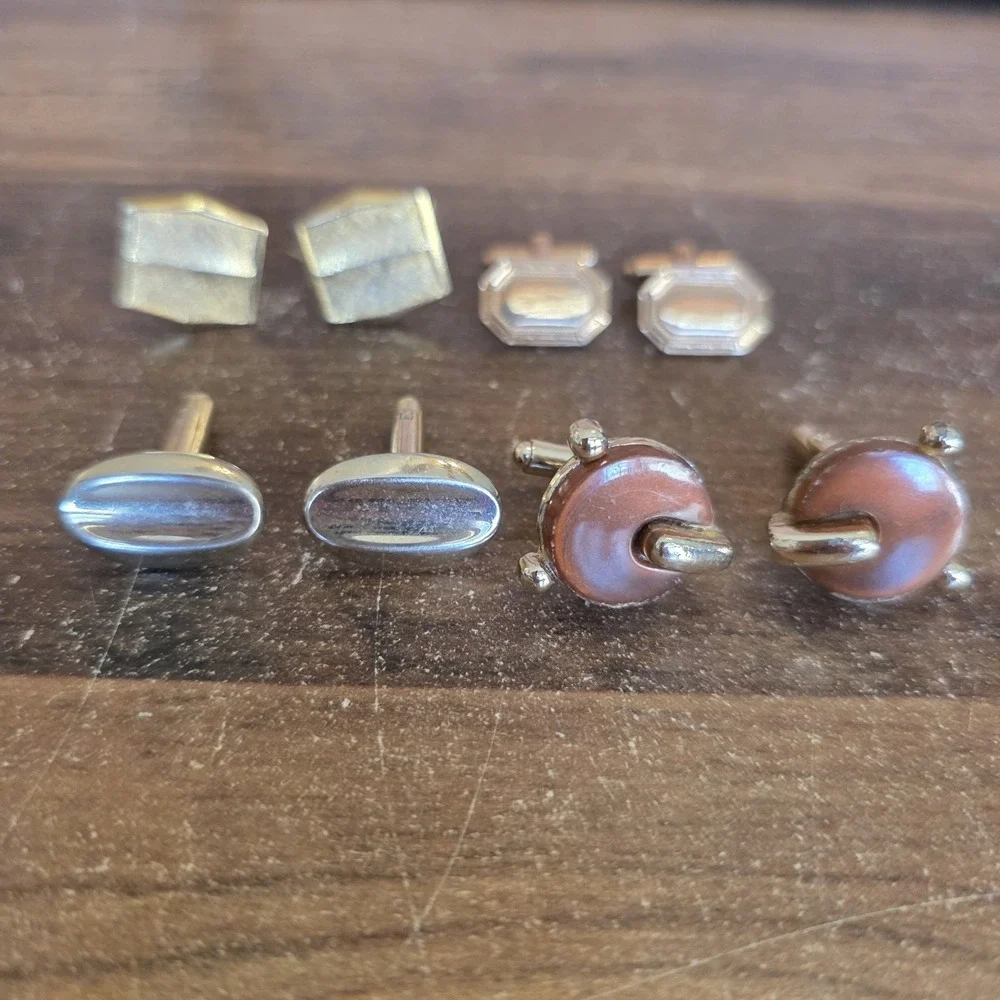 Assorted Cuff Links Lot of 4 Sets Gold Tone Silver Tone Oval Square Round Shapes